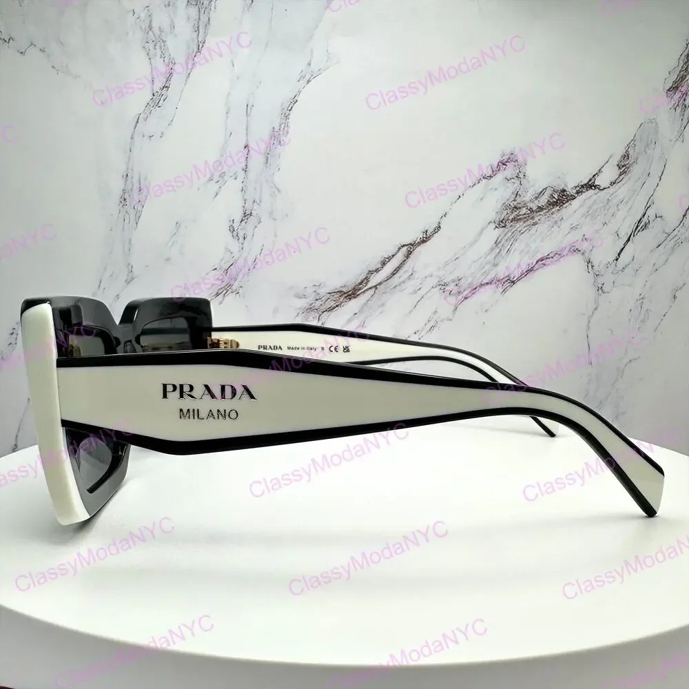 New PRADA Sunglasses Black White Talc Gold Symbole Logo Womens Rectangle